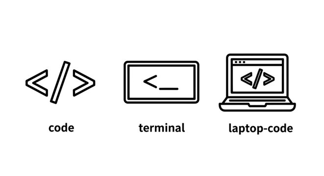Programming and web development icon set showcasing code syntax terminal interface laptop coding with terminal programming development software computer developer engineering interface