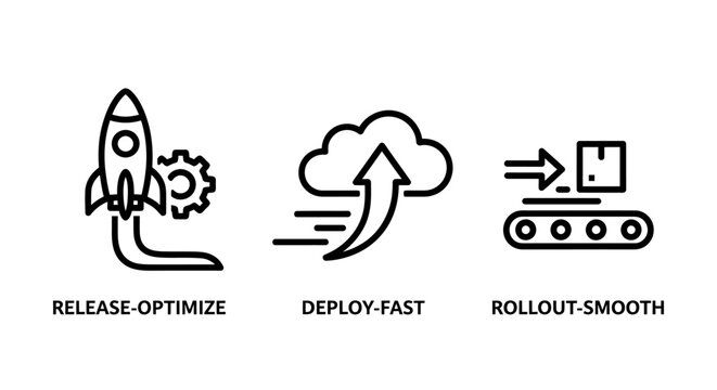Software development dev ops pipeline icons set including release optimization cloud deployment and smooth product rollout with pipeline software development optimization deployment automation
