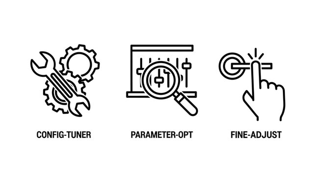 System configuration and parameter tuning icons set illustrating settings management adjustment and optimization tools with configuration parameter settings optimization adjustment interface