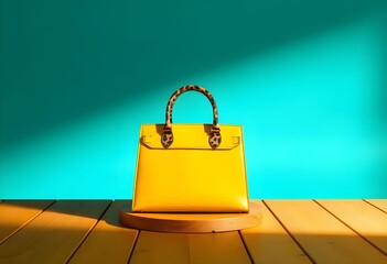 A vibrant yellow handbag with a stylish leopard print handle is displayed on a wooden surface against a teal backdrop, casting dramatic shadows