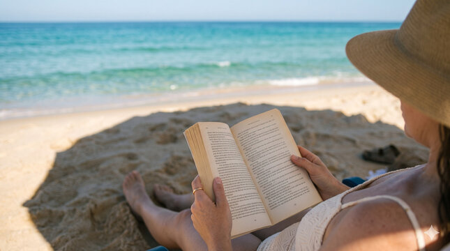 Woman reading a book under an umbrella on the beach