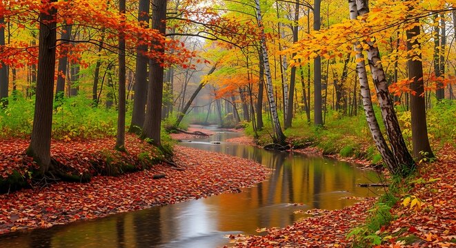 Serene Autumn Forest Scene with Reflective Stream and Colorful Foliage.