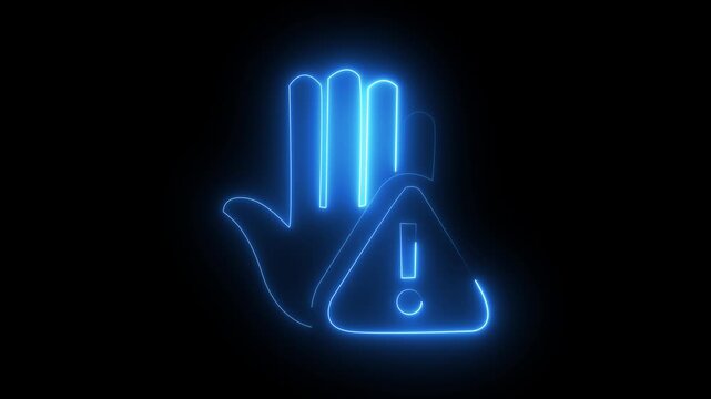 Neon glowing hand and alert or Worning icon animation.