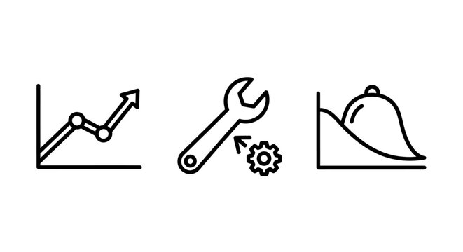Financial growth chart wrench settings and normal distribution bell curve icons with settings distribution business statistics analysis configuration maintenance probability increase
