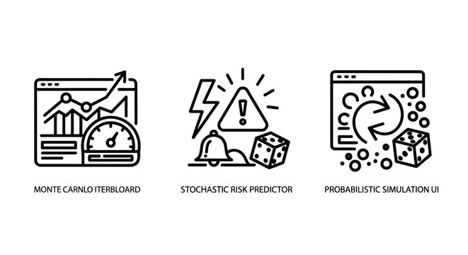 Set of finance and data analysis icons showing monte carlo stochastic predictor probabilistic simulation with analysis statistics simulation probability montecarlo stochastic prediction