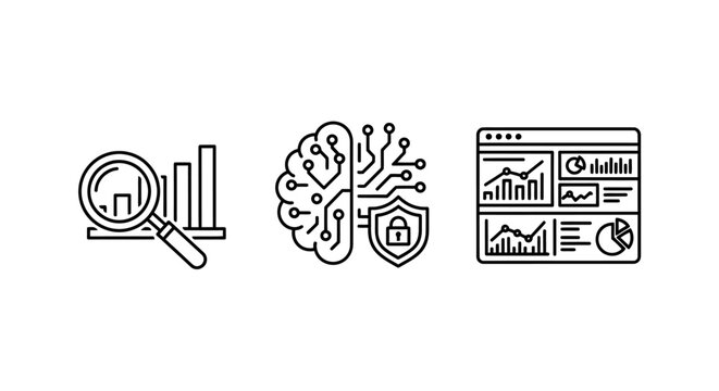 Set of data security icons representing digital analysis neural processing website analytics monitoring analysis dashboard graphics magnifying security technology analytics business
