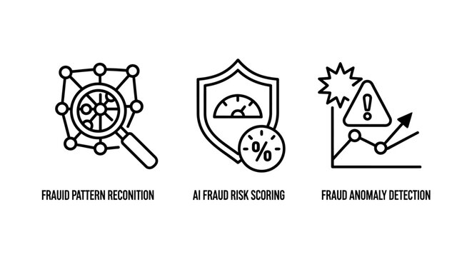 Fraud detection pattern recognition and risk scoring icons with detection security recognition analysis cybersecurity protection financial identity prevention monitoring business percentage