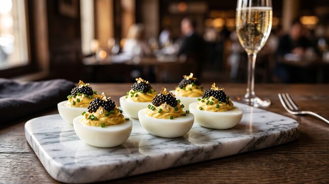 Luxury Deviled Eggs with Premium Black Caviar and Gold Flakes Fine Dining Appetizer