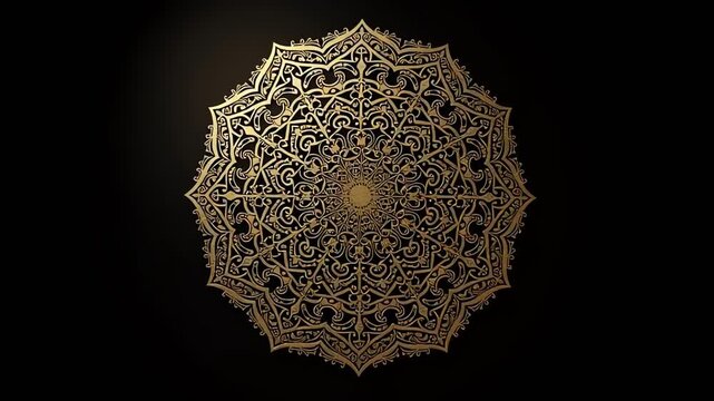 Intricate golden mandala design on a black background
