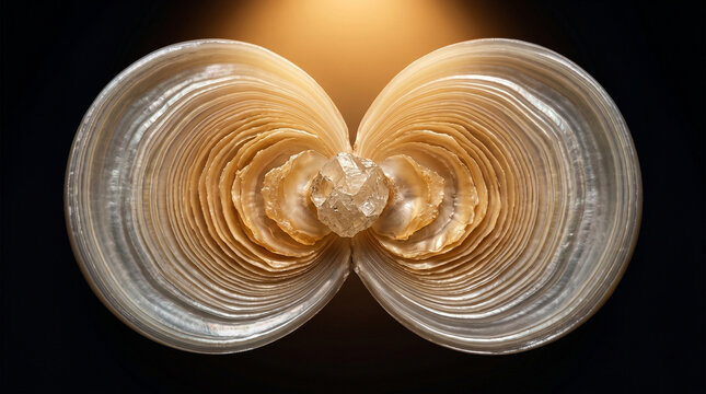 Open oyster shell revealing a raw glowing crystal in the center