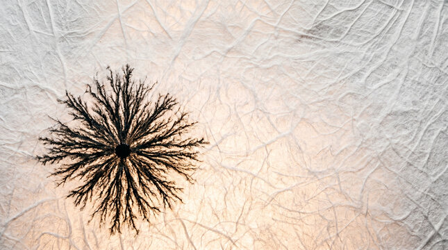 Black ink spreading like dendritic veins on textured white paper