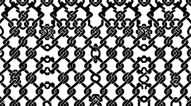 Intricate monochrome fence patterns featuring interlocking geometric knotwork and black chain link style lines for modern graphic design backgrounds.