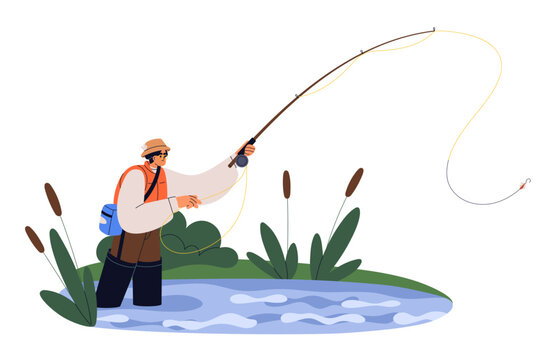 Fisherman standing in water during fly fishing, sport angling. Man angler with rod, catching fish on hook. Fisher in freshwater river, lake. Flat vector illustration isolated on white background