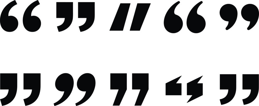 quotation marks black silhouette icons set featuring various styles of speech bubbles commas punctuation accents and typographical brackets for blockquotes and citations
