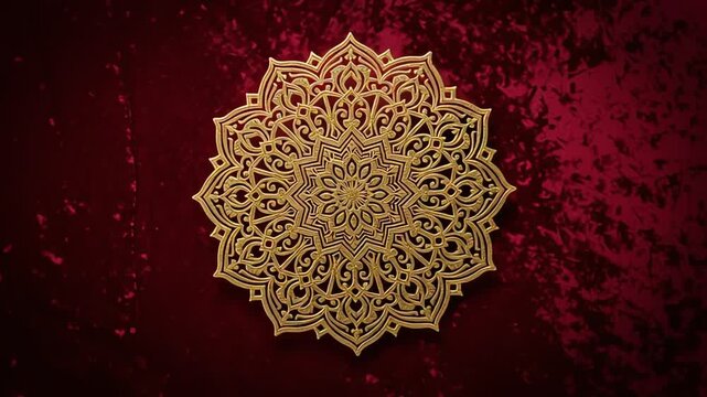 Intricate golden mandala on luxurious red velvet background