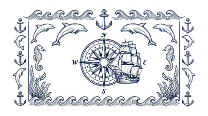 Nautical marine vector frame, vintage ocean adventure border with compass, sailing ship, dolphins, seahorses, anchors, and waves, perfect for maritime themes and travel designs. © Ambreen