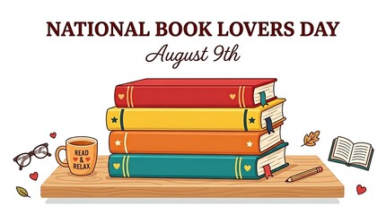 National book lovers day illustration august 9th books coffee and reading accessories