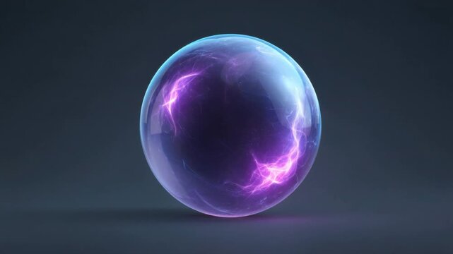 Glowing transparent sphere with electric purple and blue lightning effects floating against dark background glowing with magical energy and futuristic technology vibes