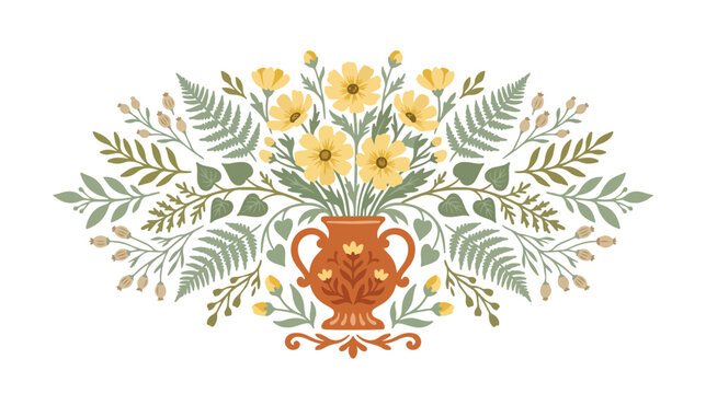 Boho floral bouquet vector illustration, rustic terracotta vase with yellow flowers and green foliage, elegant botanical design element for wedding invitations and branding