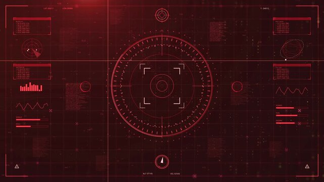 Futuristic Red Radar HUD Interface with Target Lock, Digital Dashboard and Cyber Security Data Screen &ndash; Motion Background