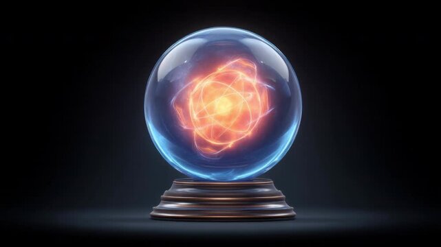 Glowing futuristic orb with intricate neon light patterns inside, set on a dark platform, emitting a vibrant blue and orange energy sphere in a high-tech digital environment