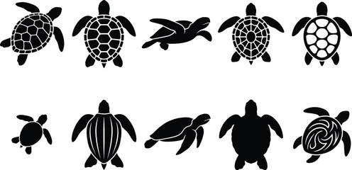 sea turtle black silhouettes graphic vector icons set featuring marine tortoises swimming crawling and decorative shell patterns isolated on white backdrop  © MstMonjila