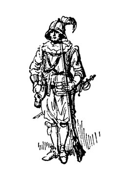 French arquebusier from the reign of Henry III with long matchlock arquebus and feathered hat, old vintage illustration, 1897.