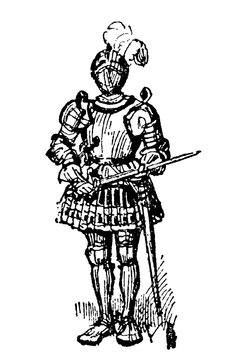 French knight from the reign of Francis I in full plate armor with sword and plumed helm, old vintage illustration, 1897.