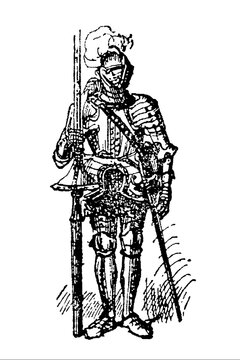 French knight from the reign of Henry II in full plate armor with lance and plumed helm, old vintage illustration, 1897.