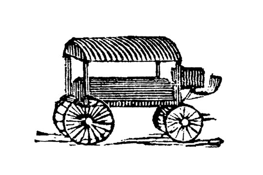 Covered wagon with large wheels and textured roof, nostalgic transportation, old vintage illustration, 1897.