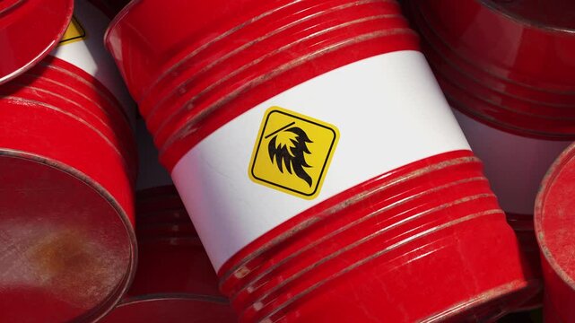 A pile of red matal barrels with hazard toxic materials, Industrial environmental issue concept. 3d animation