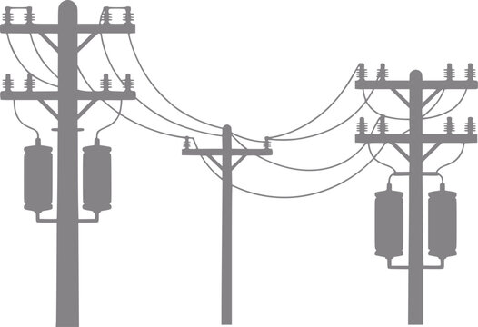 Silhouette of electrical power poles with transformers and wires against white background