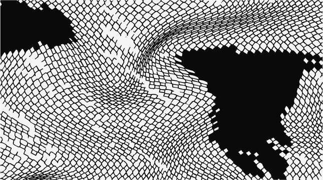 Abstract Distorted Monochrome Fence Patterns featuring a Warped Mesh Grid with Geometrical Voids and Artistic Ripple Texture Effect