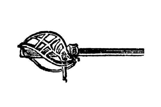 Ornate claymore sword hilt with lattice basket design, old vintage illustration, 1897.