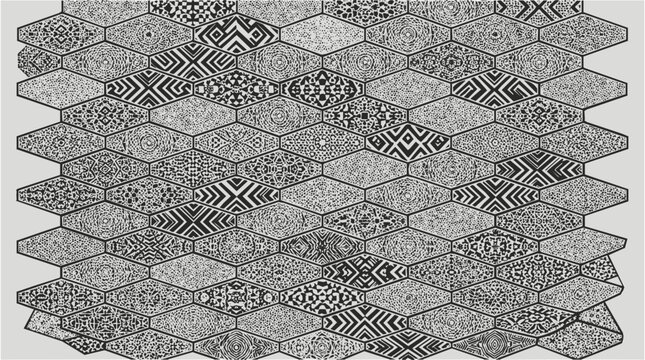 Abstract monochrome fence patterns with geometric and tribal designs in a hexagonal mosaic tile grid layout