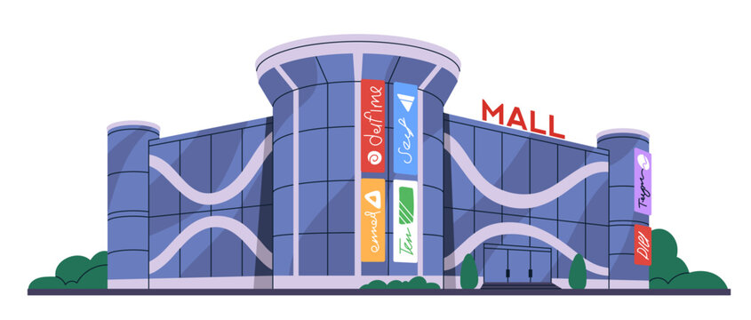Shopping center, mall building exterior with glass facade and brand signboards. Large modern city retail. Commercial architecture outdoors. Flat vector illustration isolated on white background