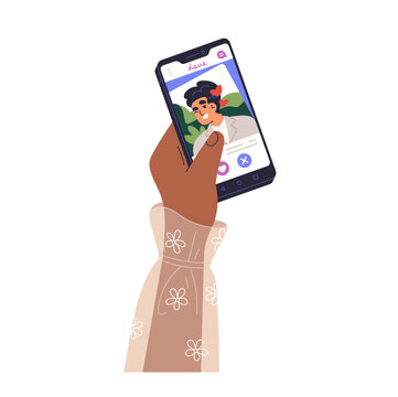 Hand holding smartphone with dating app on screen. Woman swiping, liking man profile in romantic application. Online love search on mobile phone. Flat vector illustration isolated on white background