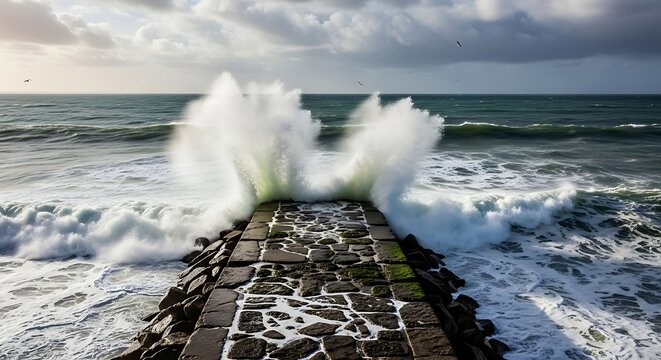 Stormy Sea Waves Crashing Against Pier During Overcast Weather.
