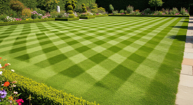 Beautiful green lawn with perfect checkerboard mowing pattern perfect for professional landscaping and luxury garden designs