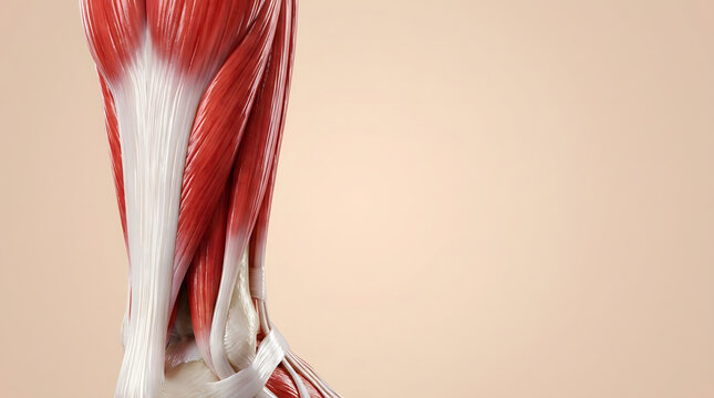 Human calf muscle anatomy illustration showing detailed red muscle fibers and white tendons against a clean soft beige background