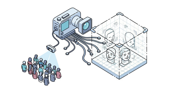 Digital surveillance camera scanning crowd for facial data