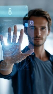 A focused male uses advanced touch screen hologram, symbolizing digital transformation and future technology. The scene highlights innovation, connectivity, and smart solutions