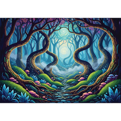 Obraz premium A mystical forest scene with glowing trees and flowers under a full moon
