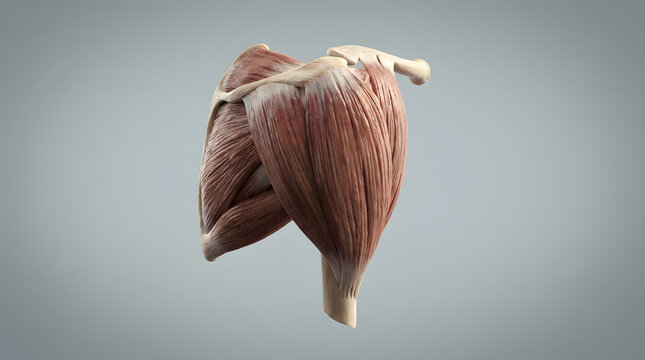 Shoulder muscle anatomy showing deltoid and rotator cuff structures in a detailed medical illustration isolated on a neutral grey background