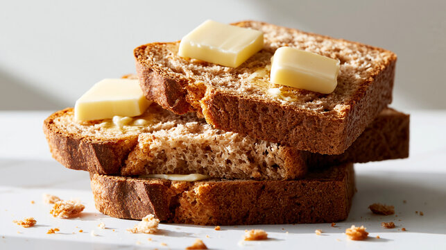 Fresh Sliced Wheat Bread With Melted Butter and Crumbs
