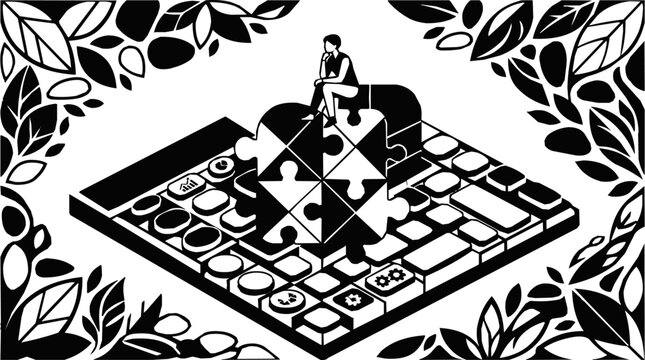 Business strategy for problem solving with a jigsaw puzzle and thinking man on a computer keyboard surrounded by artistic floral leaf patterns