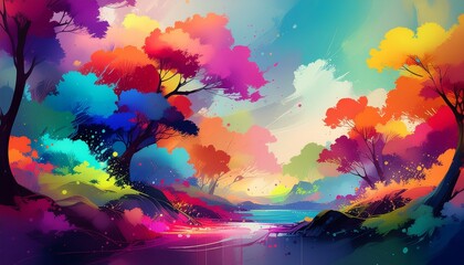Fototapeta premium Abstract colorful landscape illustration featuring vibrant rainbow trees and tranquil river in surreal painterly style for creative background design