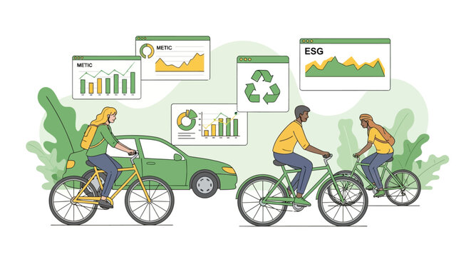 People cycling and driving electric car with data charts and recycling symbol.