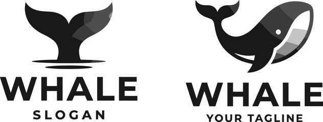 Set of Whale Logo Design Templates with Tail Fin and Full Whale Silhouette for Business Branding © MDPappu