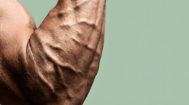 Muscular arm showing prominent veins and toned bicep muscle isolated on a plain light green background for fitness advertisement concepts